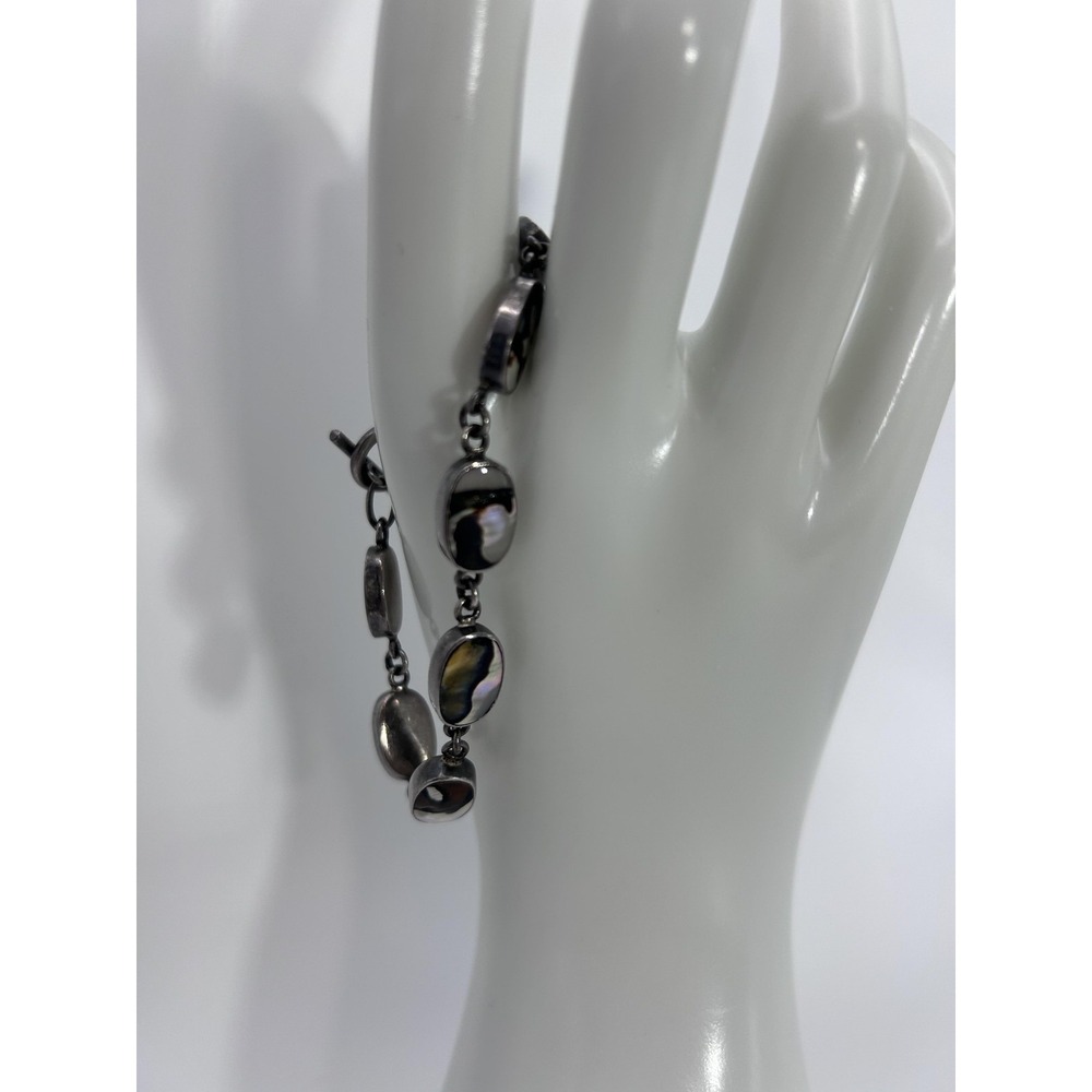 925 Sterling Silver ATI Thailand Black Mother of Pearl Oval Link Bracelet Toggle